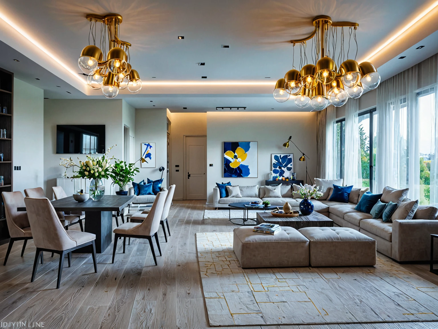 Raw photo, Masterpiece, high quality, best quality, authentic, super detail,
indoors, living room style modern, windows, ceiling lights, chandeliers, minimalist line
daylight, vivid colour,