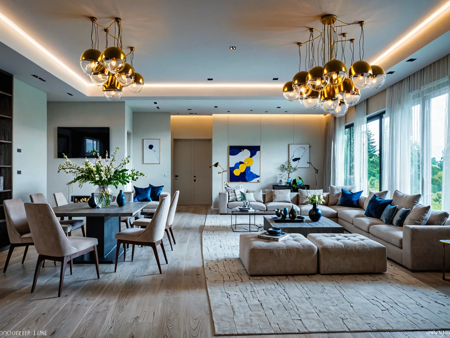 Raw photo, Masterpiece, high quality, best quality, authentic, super detail,
indoors, living room style modern, windows, ceiling lights, chandeliers, minimalist line
daylight, vivid colour,