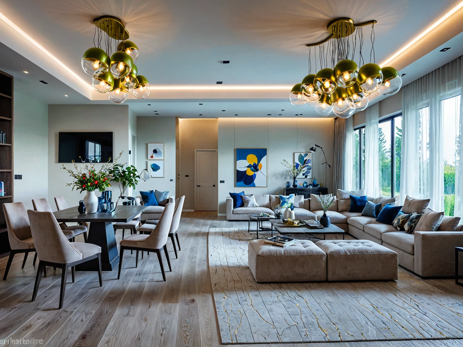 Raw photo, Masterpiece, high quality, best quality, authentic, super detail,
indoors, living room style modern, windows, ceiling lights, chandeliers, minimalist line
daylight, vivid colour,