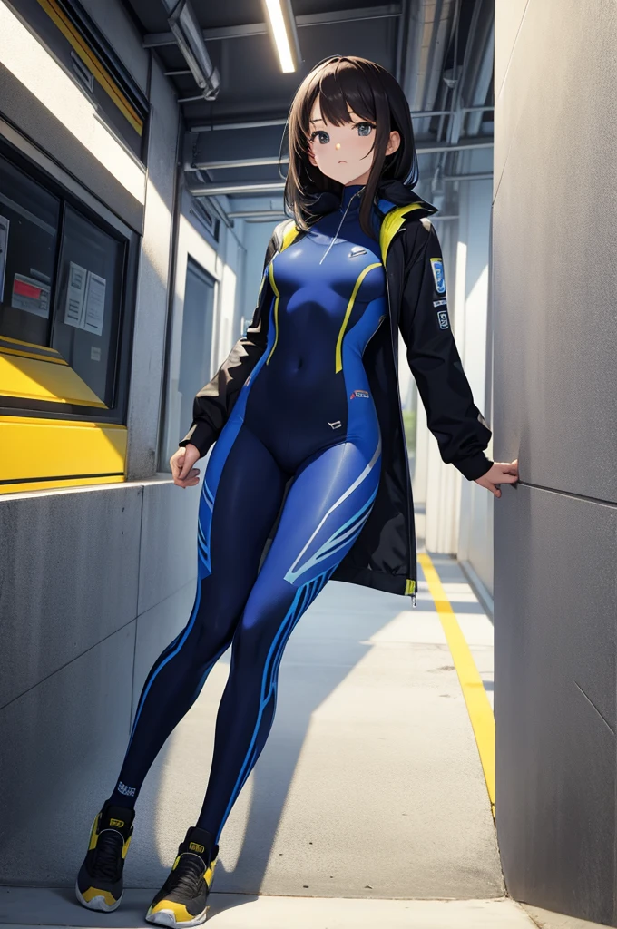random action close portrait, brush drawing image, beautiful Thai female teen, aged 20, dynamic fighting action pose with blue advanced sci-fi shooter, long straight black hair with blue highlight forelock, slim fit sci-fi patterns glossy white-blue camisole, black shoulders armour, brown nylon legs with yellow weapons holster on thighs, black-yellow sci-fi low boots, blue sleeves, black gloves, blue smoke explode, white background, 8k resolution