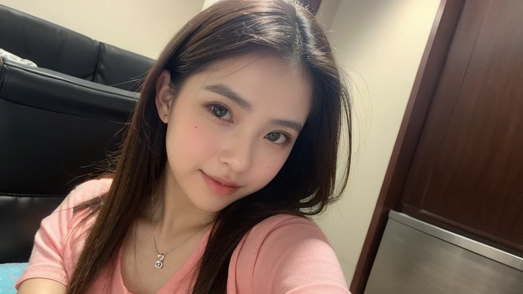 (Please generate an image of a young Filipina woman wearing a t shirt and a necklace. She has brown hair, big, black eyes, and a subtle, natural makeup look. The selfie should show her without visible makeup, and she should be looking directly into the camera. The face should appear realistically natural. The full-body shot of this attractive woman should feature a striking pose, and she has piercing black eyes. The girl has a sweet demeanor, and the pose should also be sweet. Please ensure that the entire body of the woman is visible in the image. The background should be clear and uncluttered. The details of the image should be of high quality(best quality)), ((masterpiece)), (detailed), perfect face, Filipina, pinay