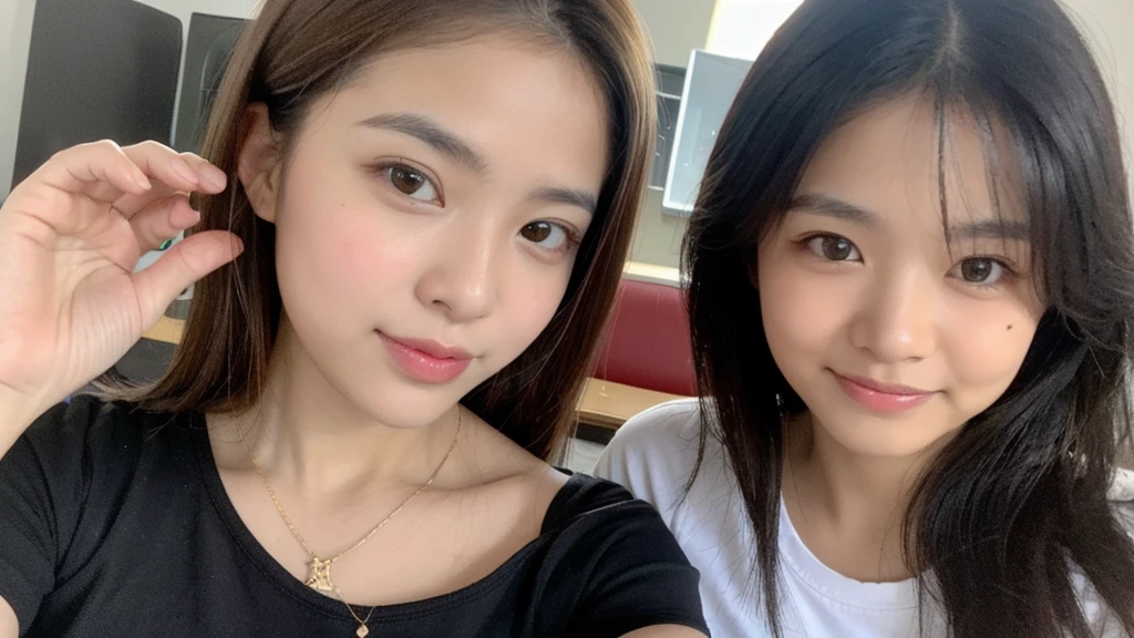(Please generate an image of a young Filipina woman wearing a t shirt and a necklace. She has brown hair, big, black eyes, and a subtle, natural makeup look. The selfie should show her without visible makeup, and she should be looking directly into the camera. The face should appear realistically natural. The full-body shot of this attractive woman should feature a striking pose, and she has piercing black eyes. The girl has a sweet demeanor, and the pose should also be sweet. Please ensure that the entire body of the woman is visible in the image. The background should be clear and uncluttered. The details of the image should be of high quality(best quality)), ((masterpiece)), (detailed), perfect face, Filipina, pinay