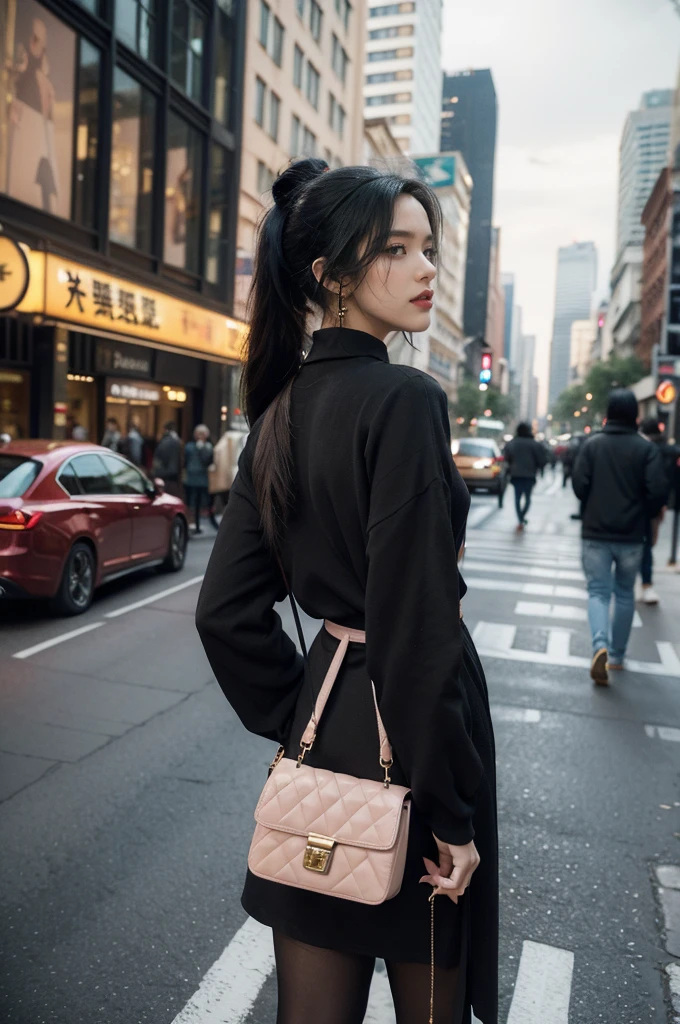 (((best quality))),(((ultra detailed))),(((masterpiece))),illustration,1girl,slim,sun-kissed skin,vibrant rose-pink cotton dress,short ponytail,pantyhose,standing, bustling city streets, honking cars,surrounded by crowded crowds, colorful advertisements,enjoying sights and sounds,(dark black skin:1.5),day scene,upper body,from front,bare back,towering hips,butt crack