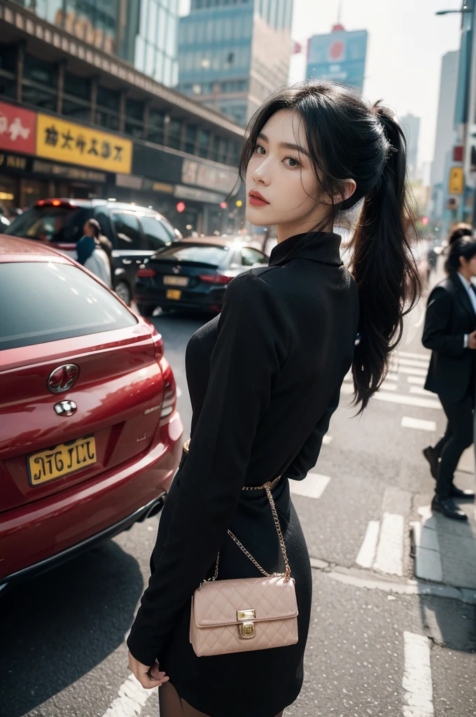 (((best quality))),(((ultra detailed))),(((masterpiece))),illustration,1girl,slim,sun-kissed skin,vibrant rose-pink cotton dress,short ponytail,pantyhose,standing, bustling city streets, honking cars,surrounded by crowded crowds, colorful advertisements,enjoying sights and sounds,(dark black skin:1.5),day scene,upper body,from front,bare back,towering hips,butt crack