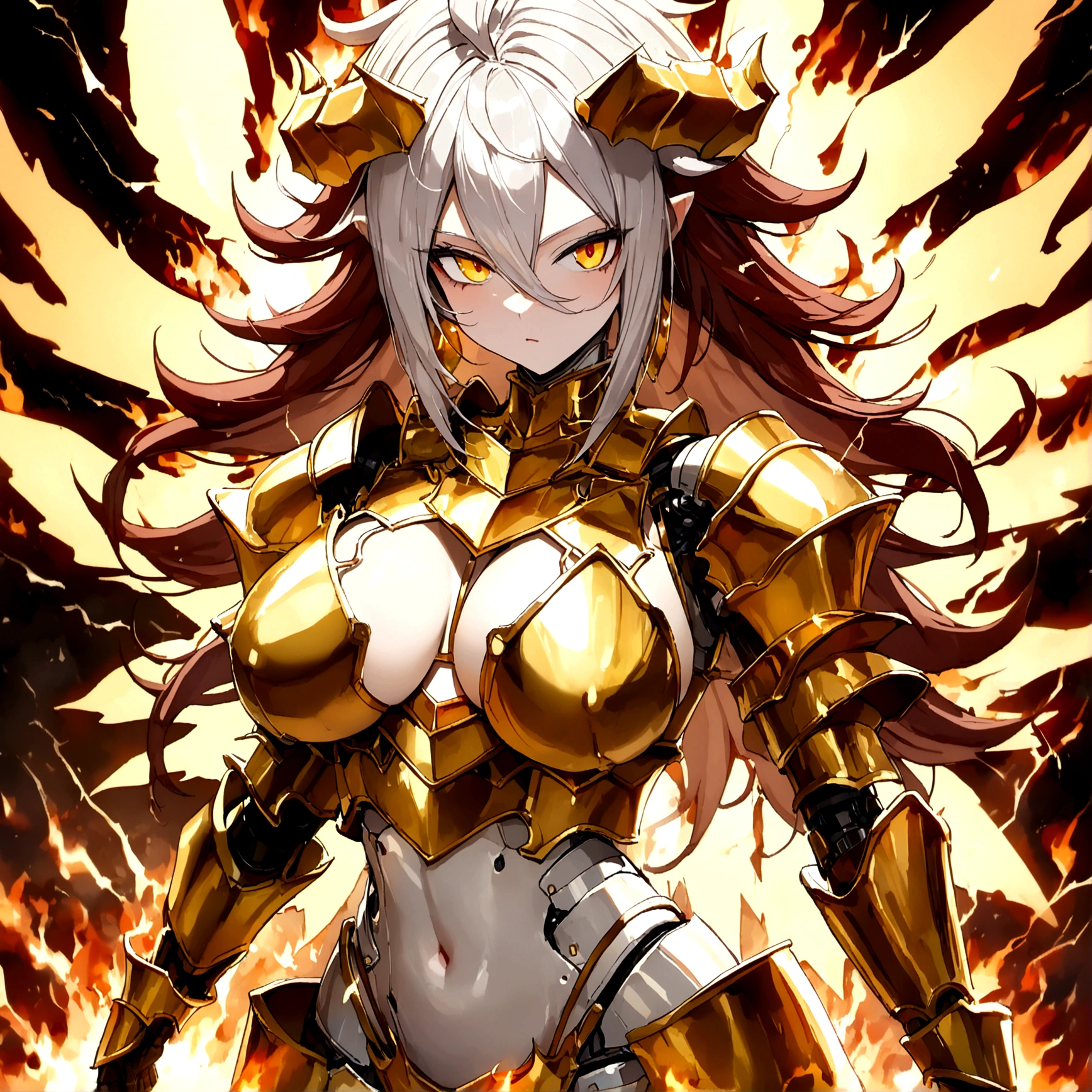 ((Lightning Power)), ((Electricity)), ((Fire Background)), ((Lightning Storm)), ((Power Erupting)), (((((android 21))))), ((((SUN Rasengan)))), (((Evil Power))), (((white Coat))), (((Busty))), (((((Big breast:1,3)))), luxury bustier corset, (((silver hair))), (((Very slim waist))), propotional body, ((Gorgeous)), (((Fire Blazing Horns))), ((((gold wings))), masterpiece, hyperdetail, ambient effect, digital effect, (((Fire Gold Bikini Armor))), (((Lightning Gold Wings)))
