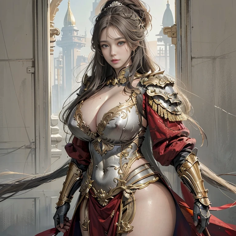Realistic Portraits, high resolution, Soft Light,1 female, only, Full body image, fit, Beautiful buttocks, Shiny skin, ,((Full and soft breasts,)))(((Large Breasts))) (((Cleavage)))overflow, Exposing breasts.., (Rich facial details), Chinese armor