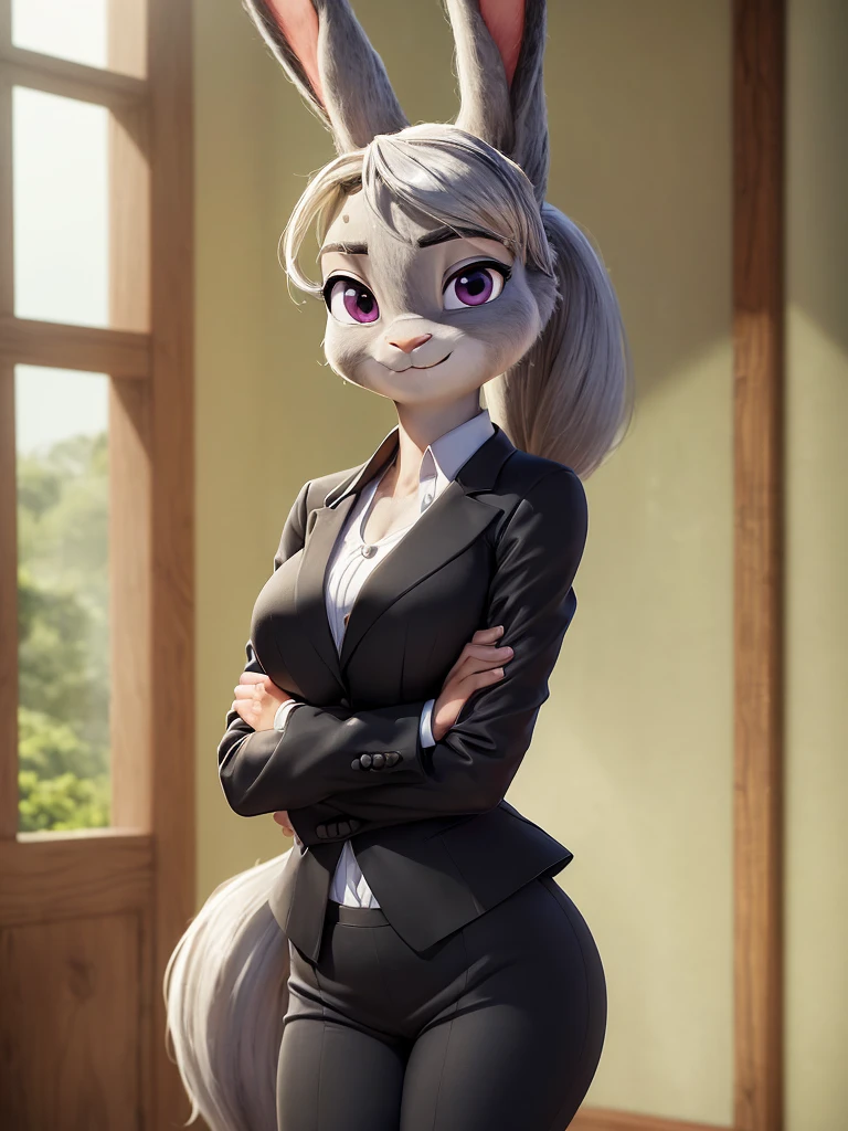 best quality, masterpiece, 3D anime, (((solo))), (((1girl))),  ((Face is JudyHopps)), (long ears like a rabbit:0.8), Heir is in a black ponytail style, Body is human lady, 	
She is a new employee, 
Hers outfit is business suit, She is wearing a black jacket over a white blouse and a black skirt, (the suit is made of wool:1.4), ((skin is silver with fluffy and fluffy)), (portrait view), In the background there is a green leaves, ((Her expression shows a fresh fresh smile, Posture while serving customers))