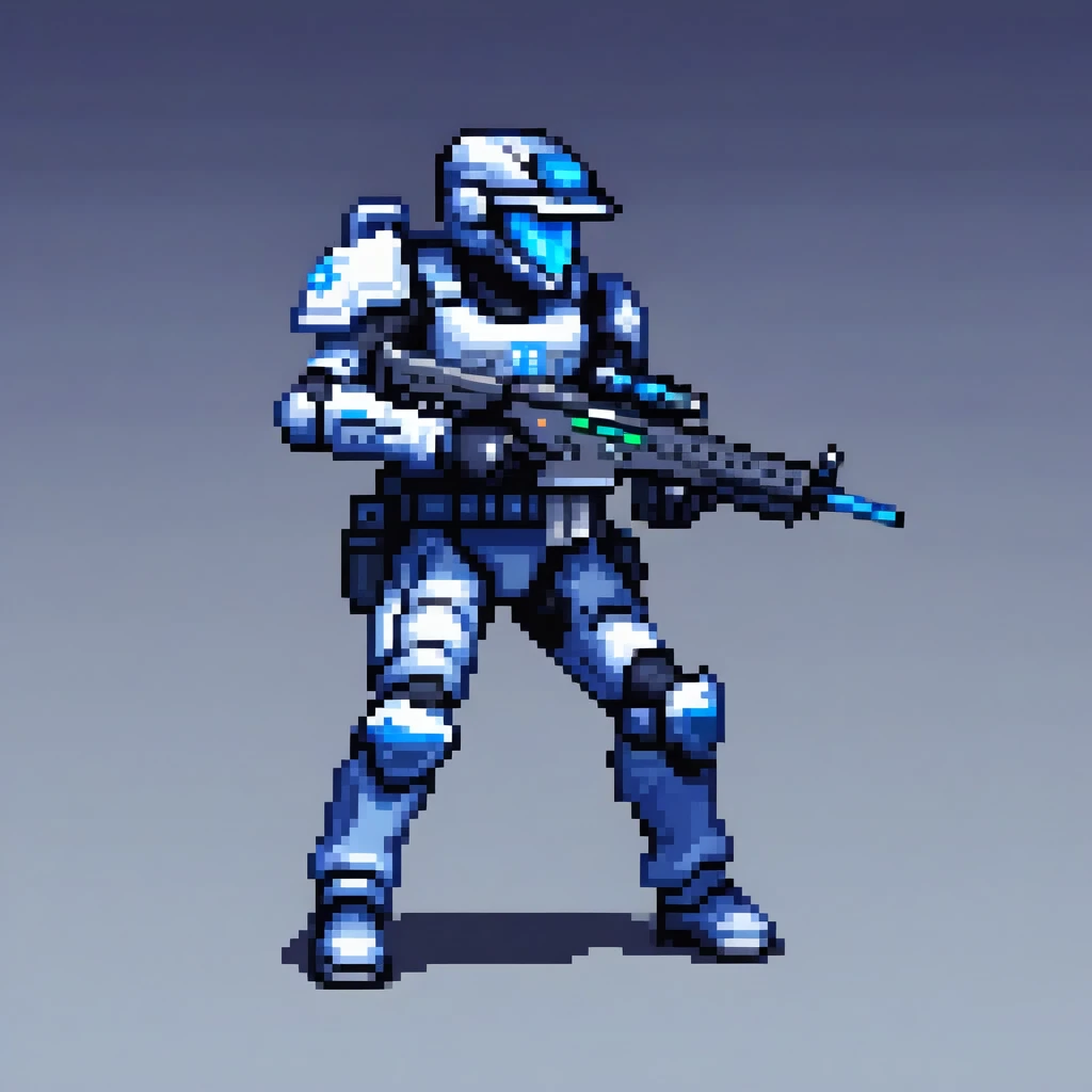 futuristic police officer in cybernetic armor and helmet with blue visor, aiming and shooting with your futuristic rifle, fully body, standing, stopped, Panning, (work of art, maximum quality, best qualityer), pixel, pixel art, 32 bits pixel arte, sprite sheet