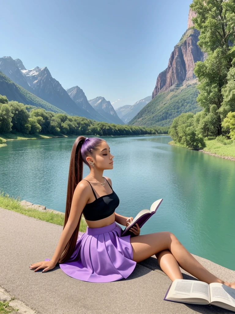 Beautiful Ariana grande, wearing a white crop top and purple flared skirt, sitting reading a book on the bank of a blue river, with mountains in the distance.