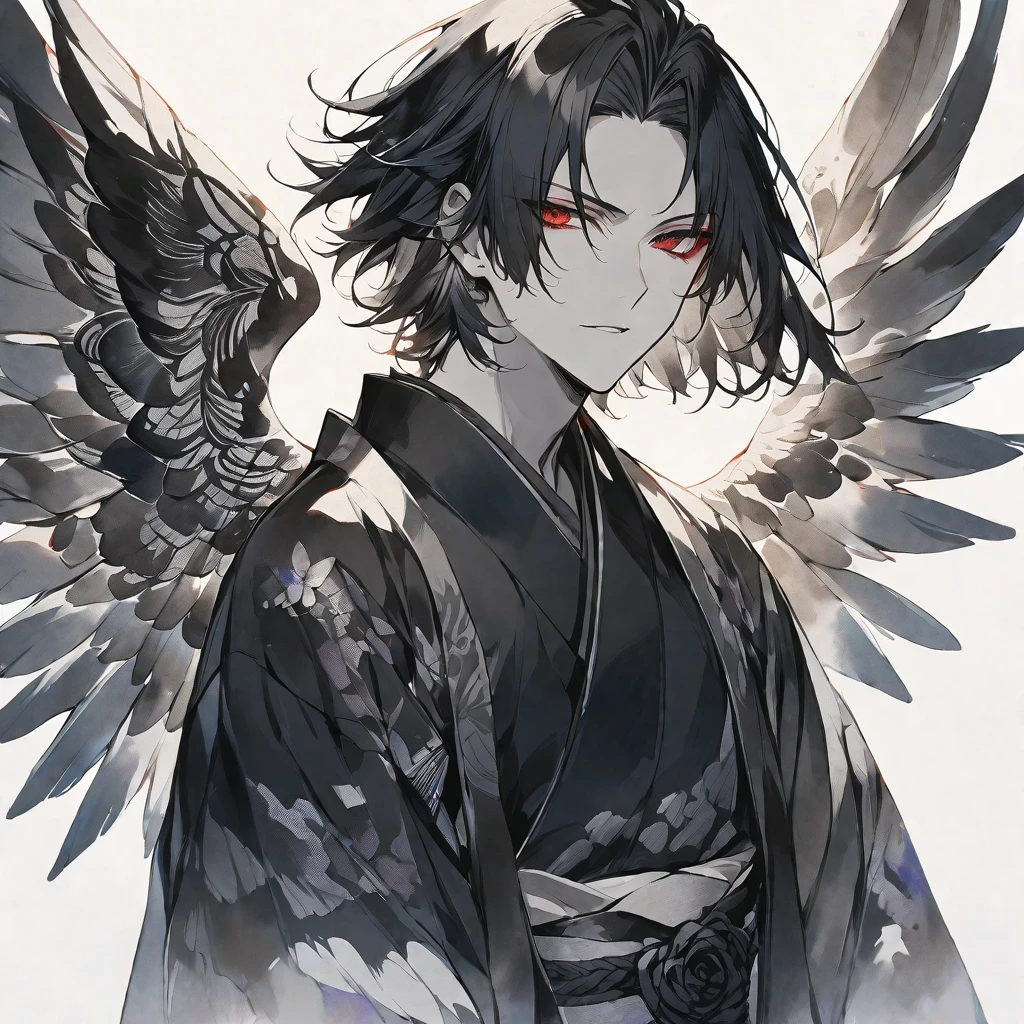 solo,handsome, monotone,Watercolor,
1. male,
bangs,Straight Hair,Bob Hair,
black hair, Gojo Satoru,angel wing,
red Eyes,Black Rose Tattoo,butterfly Tattoo,
Black kimono,Japanese Pattern,
skin,Silver Accessories,
White background,