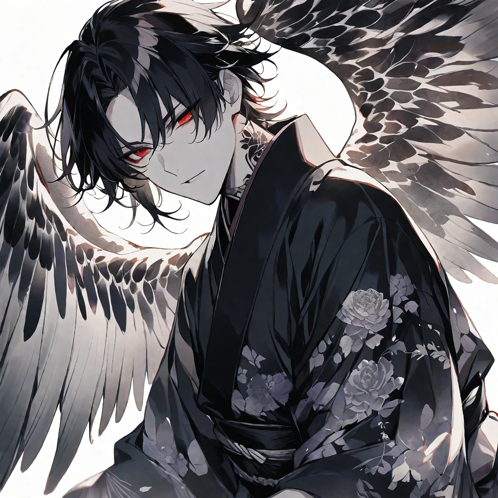 solo,handsome, monotone,Watercolor,
1. male,
bangs,Straight Hair,Bob Hair,
black hair, Gojo Satoru,angel wing,
red Eyes,Black Rose Tattoo,butterfly Tattoo,
Black kimono,Japanese Pattern,
skin,Silver Accessories,
White background,