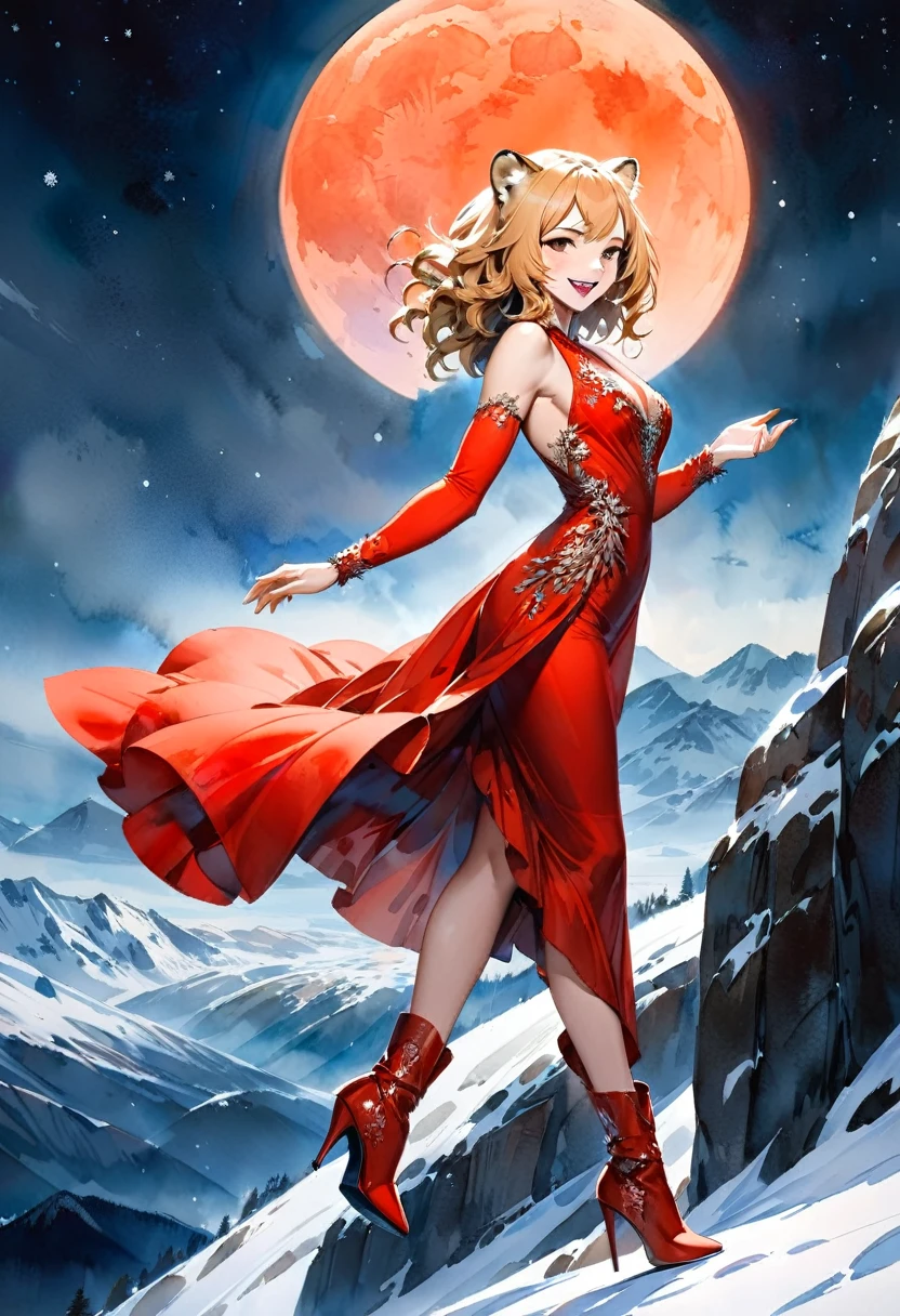a watercolor picture of a female (cheetah anthomorph: 1.5) wearing a red evening dress, elegant, intricate detailed dress, silk dress, she wears elegant high heeled boots, exquisite high heeled boots, female cheetah anthomorph, (wild beauty: 1.3) , (ultra feminine: 1.2), ultra detailed face, fangs revealing smile, she stands on the the top of a snowy mountain, elegant cocktail party on the top of a snowy mountain background, night time, some stars the moon is rising, best details, best quality, highres, ultra wide angle, 16k, [ultra detailed], masterpiece, best quality, (extremely detailed), full body, ultra wide shot, photorealistic, ladyshado, Cinematic Hollywood Film style, traditional watercolor painting