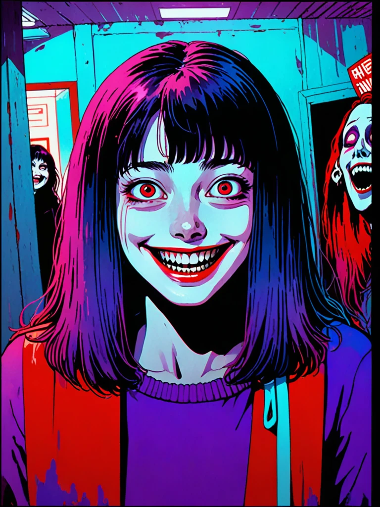 illust、art、from 80s horror movie, directed by Junji Ito、Serial killer、Killer、high detail, realsitic shadow、Analog style, vhs style, 8mm film, chromatic aberration, Dvd screengrab、Blue-purple and red-purple gradation、Surrealism、Crazy Smile、Expressive
