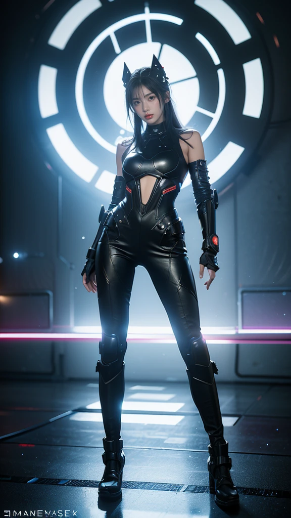 Game Art，Best image quality，Maximum resolution，8K，((A bust photo))，((portrait))，（Tipsy）(Rule of Thirds)，Unreal Engine 5 rendering works， (Future girl)，(Female Warrior)， 22-year-old young hacker)，(Oriental hairstyle)，(Beautiful eyes full of details)，(Large Breasts)，(Eyeshadow)，Elegant and charming，indifferent，((frown))，(Combat uniforms full of futuristic technology，This costume combines futuristic power armor with skinny jeans，Clothing is decorated with glittering patterns and emblems)，Cyberpunk Characters，in the style of futuristic， Photo poses，City background，lamp，Ray Tracing，Game CG，((3D Unreal Engine))，OC rendering reflection mode