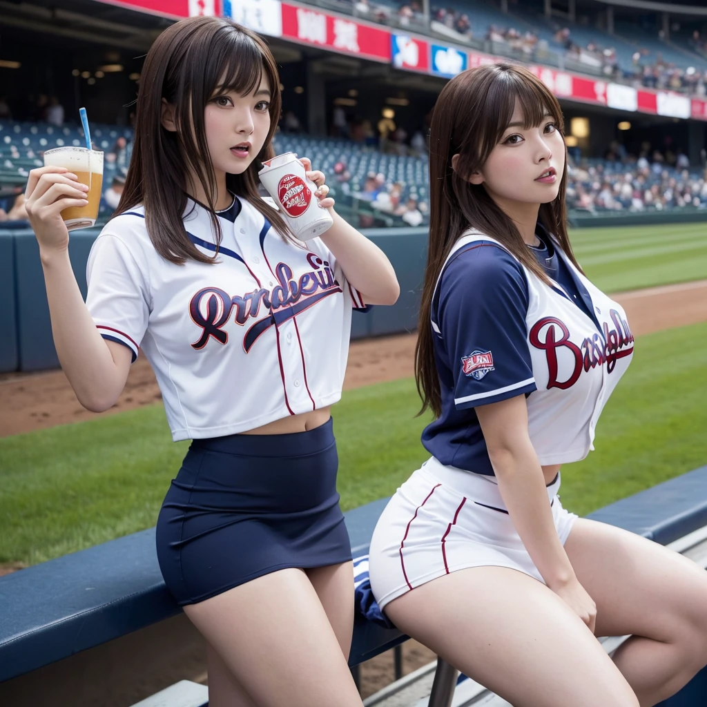 A sexy girl with big breasts wearing a Yakult Swallows uniform and a skirt cheering on the baseball team while drinking beer in the stands of a baseball stadium