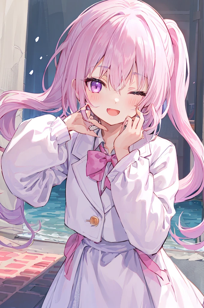 1 Girl, :D, ^ ^, Pink high ponytail、Light purple eyes and bangs, blush, close your eyes, Eyebrows visible through hair, Face-to-face audience, Hair between the eyes, Put your hand on your cheek, Put your hands on your face, Please raise your hand, heart, Pastel colored hair, Long Hair, School Blazer, Long sleeve, Open your mouth, Sleeves longer than your fingers, The sleeves reach to the wrist, smile, alone
