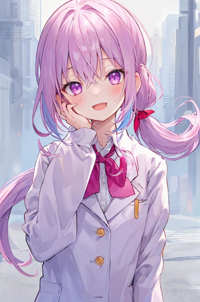 1 Girl, :D, ^ ^, Pink high ponytail、Light purple eyes and bangs, blush, close your eyes, Eyebrows visible through hair, Face-to-face audience, Hair between the eyes, Put your hand on your cheek, Put your hands on your face, Please raise your hand, heart, Pastel colored hair, Long Hair, School Blazer, Long sleeve, Open your mouth, Sleeves longer than your fingers, The sleeves reach to the wrist, smile, alone