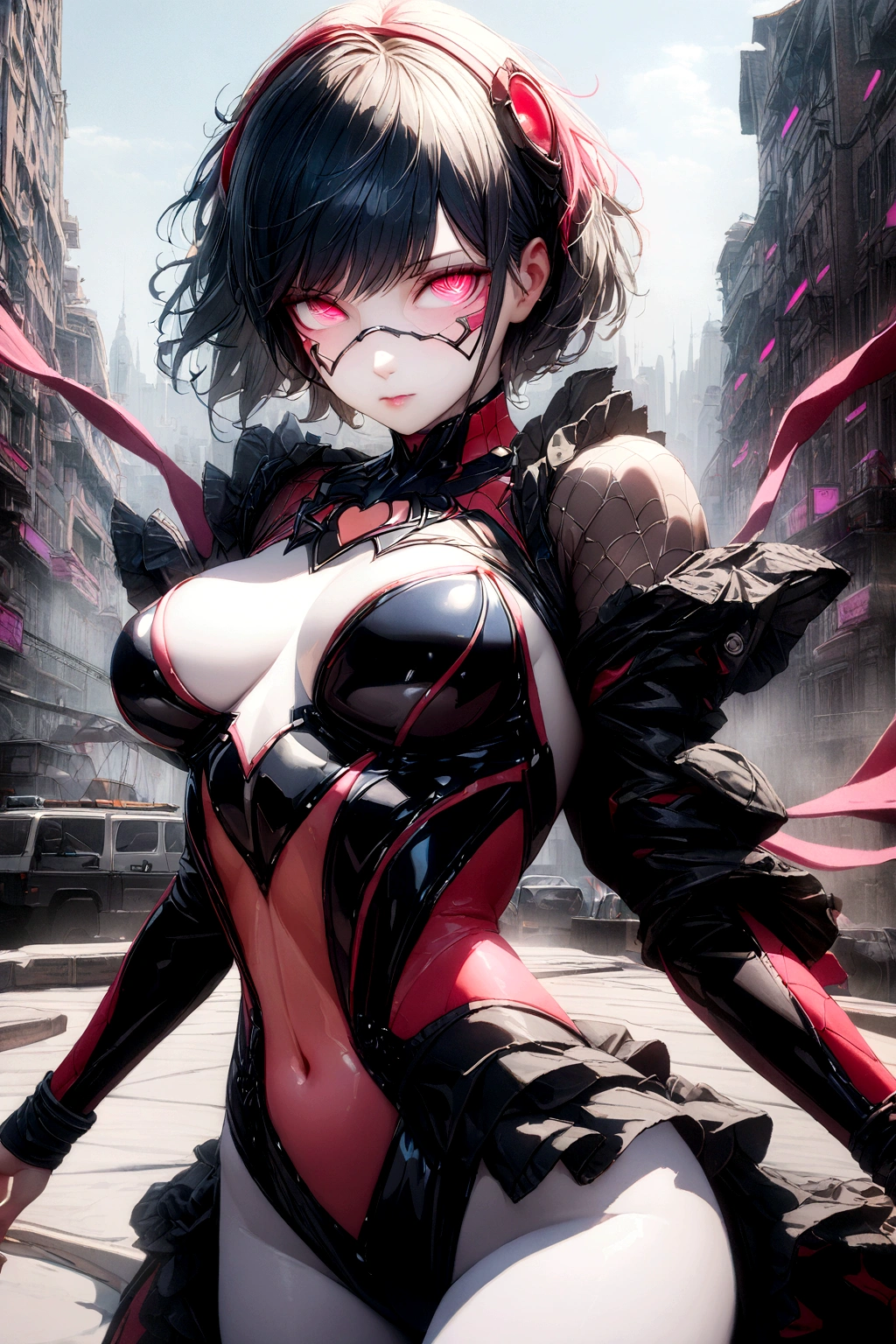 (1 girl:1.3), Solo, (((Very detailed face)))), ((Very detailed eyes and face.)))), beautiful details eyes, Body Parts__, Official Art, Unified 8k Wallpaper , super detailed, beautiful and beautiful, beautiful, Masterpiece, best quality, Original, Masterpiece, super fine photo, best quality, super high resolution, realistic realism, sunlight, Full length portrait, extraordinary beauty, dynamic pose, delicate face, vibrant eyes, (from the front), He is wearing a Spider-Man suit, red and black color scheme, spider, highly detailed city roof background, roof, overlooking the city, detailed face, detailed complex busy background, messy, splendid, milky white, highly detailed skin, realistic skin details, visible pores, clear focus, volumetric fog, 8k hd, DSLR, high quality, film grain, white skin, photo realism, lomography Translucent, futuristic, dystopian megalopolis