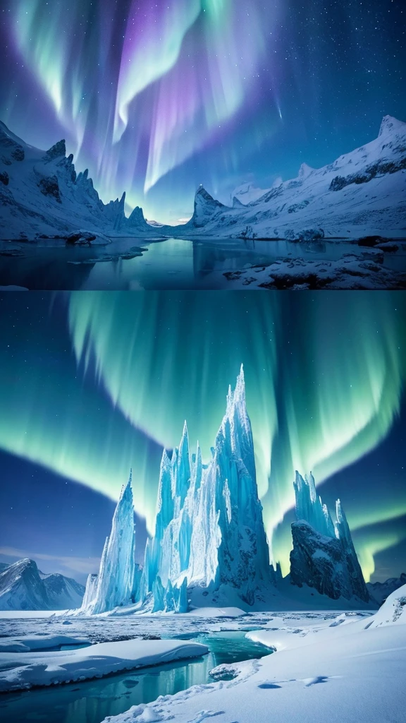 Create a stunning and otherworldly background of an ice kingdom. The landscape is covered in sparkling, pristine snow and ice, with towering ice castles and crystalline structures that shimmer in the light. The sky above is a deep, ethereal blue, with the northern lights dancing across it in vibrant greens and purples. Frozen lakes and rivers add to the icy beauty of the scene. The overall atmosphere is magical and breathtaking, perfect for a winter fantasy setting.