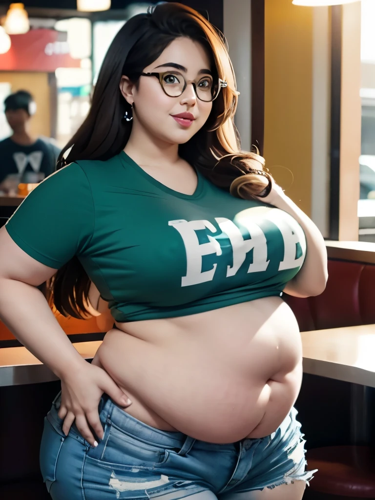 A really fat adorable cute obese ussbbw young fat girl standing at 5 feet and 1 inch tall, with very kind feminine beautiful face, long brown beautiful hair, blue eyes huge bloated soft obese belly hanging, wears square type glasses, very wide hips and obese wide thighs, huge fat booty, fat arms, smiling, wearing a small tight green T-shirt and wearing blue short short pants in a fast food restaurant.