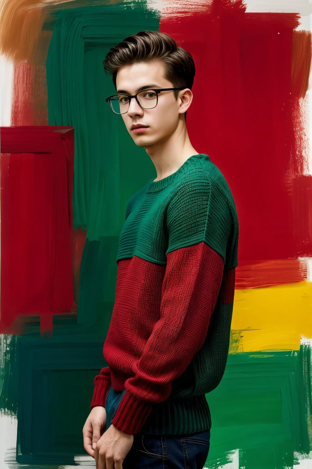 background abstract art, only use color Red, Green, Blue. Color percentage Red:15%, Green:60%, Blue:20%, ((best quality)), ((masterpiece)), (detailed), 1boy with glasses, off-shoulder sweater