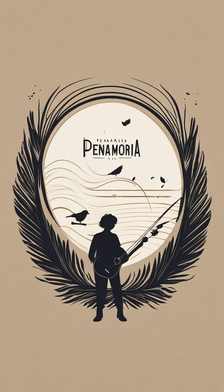 A minimal, modern, simple, cinematic logotype for the brand “Penamemoria". The logotype must be a simple, magical feather and a boy playing acoustic guitar. The logo must convey a sense of music, stories and dreams. Logo design impressed on a book cover. Minimalistic logo
