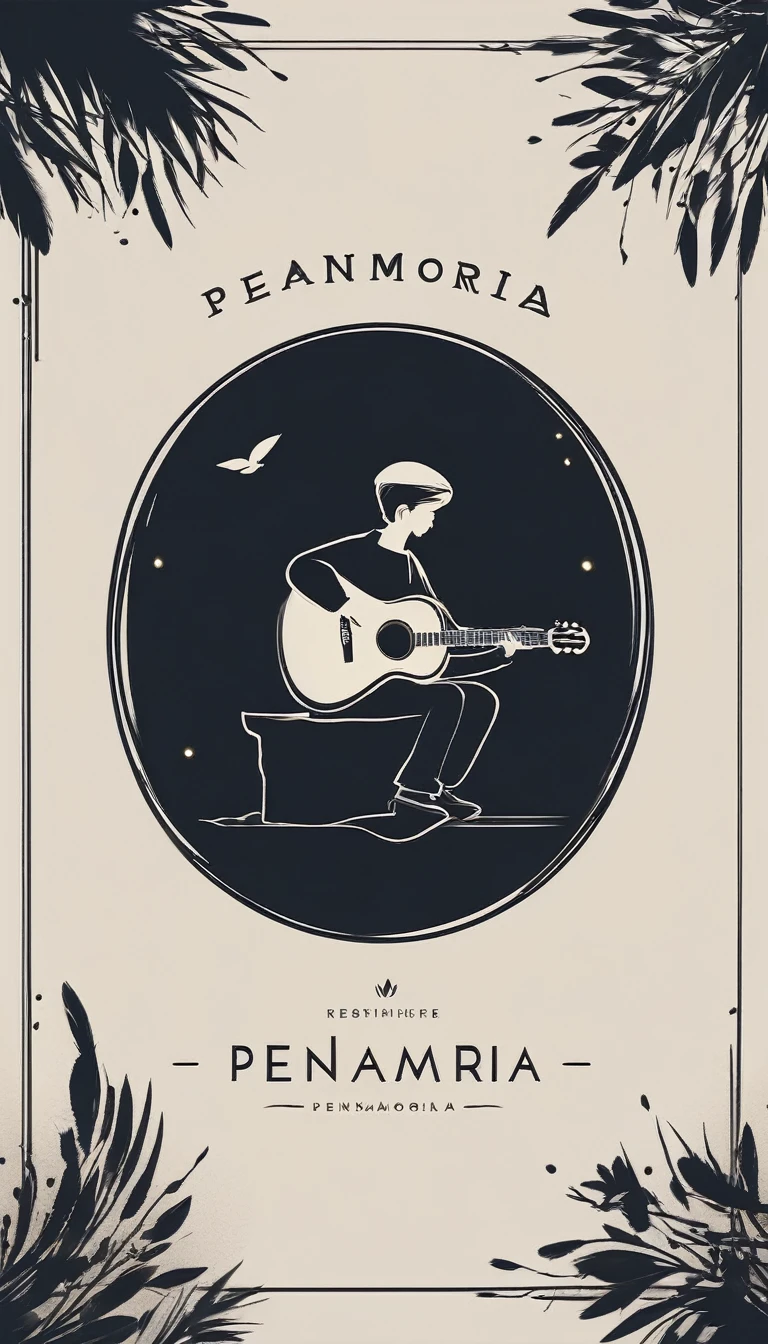 A minimal, modern, simple, cinematic logotype for the brand “Penamemoria". The logotype must be a simple, magical feather and a boy playing acoustic guitar. The logo must convey a sense of music, stories and dreams. Logo design impressed on a book cover. Minimalistic logo