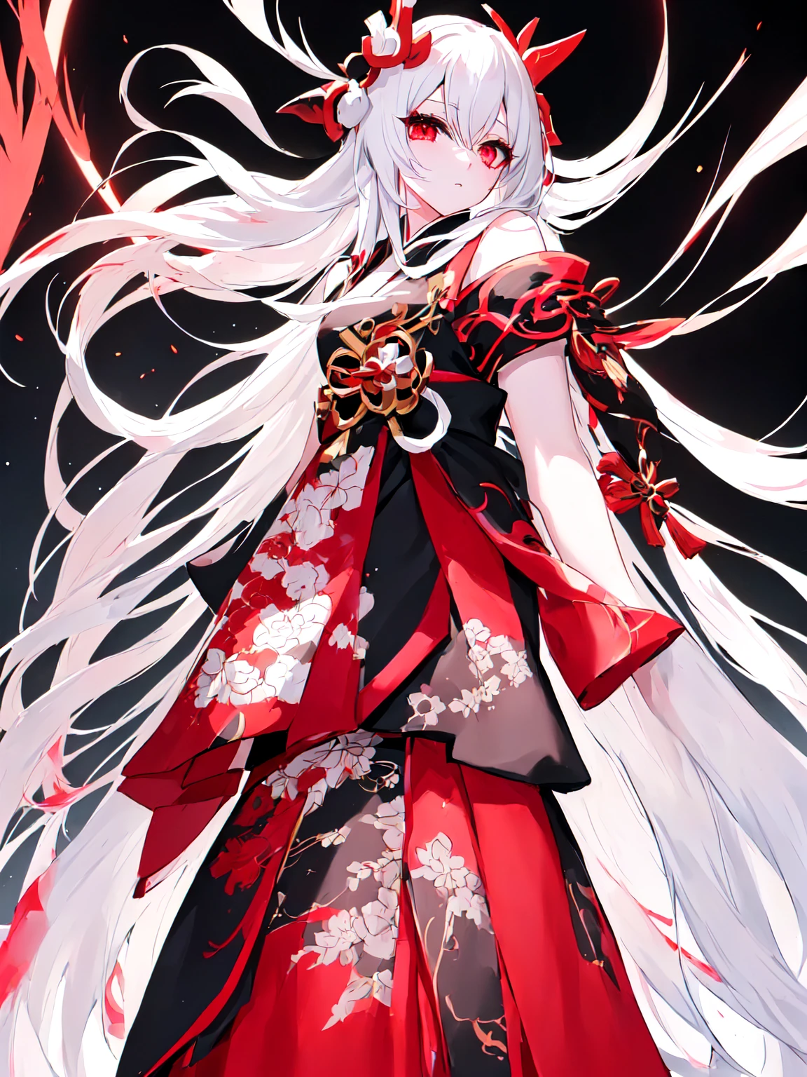 Women(alone), very long white hair,Red eyes,red and red kimono that reveals her shoulders, big breasts, tight