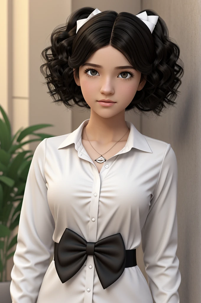 Cartoon 3d, teenage girl with curly black hair and some white strands, honey colored eyes and white complexion, with a black long-sleeved shirt and a small white bow on the chest