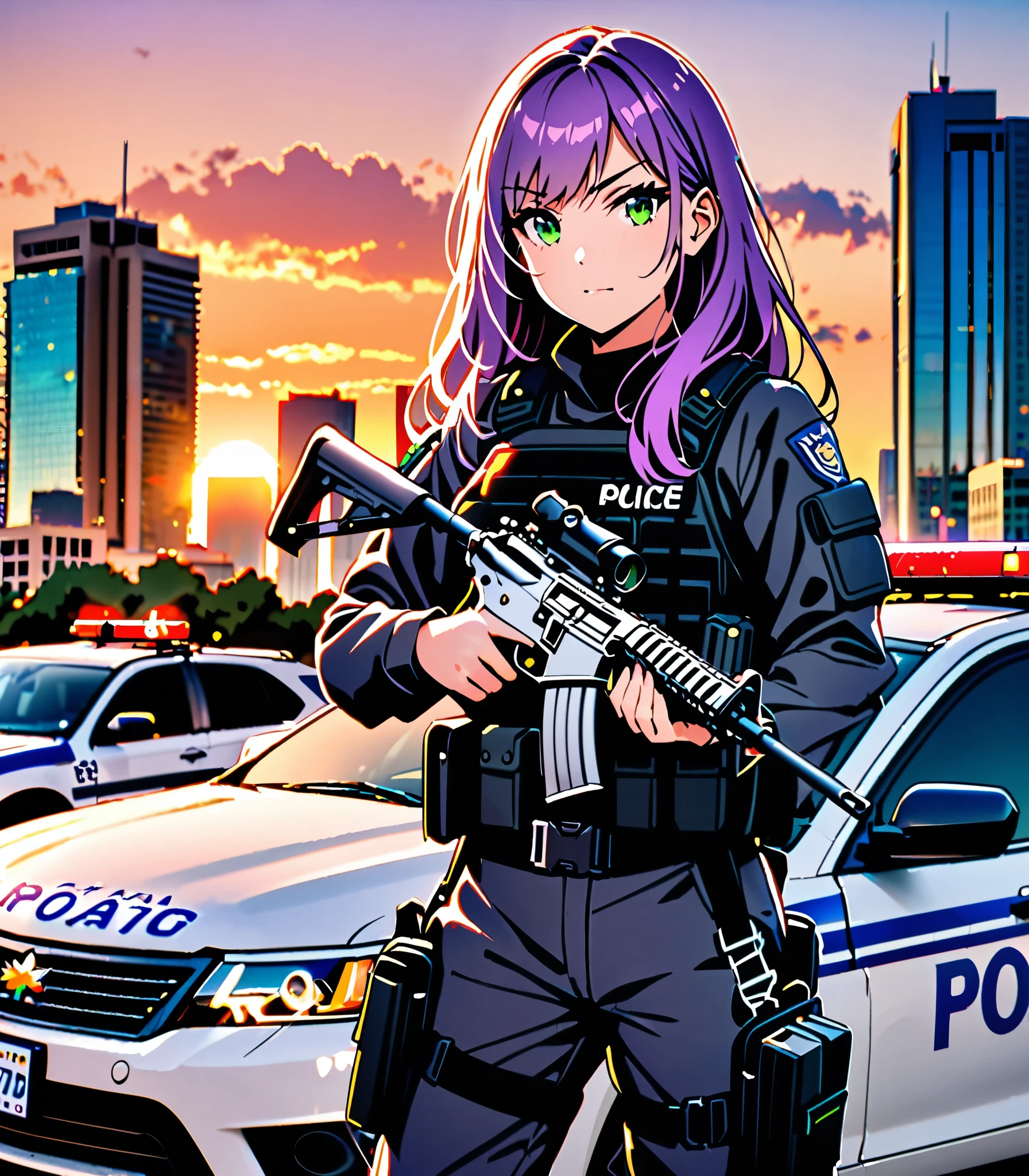 ((masterpiece, best quality)), 1girl, solo focus, canadian police officer, SWAT uniform, SWAT gear, pants, purple hair with blue accents, long hair, green eyes, perfect hands, complete fingers, holding weapon, m4 carbine, in front of a patrol car, toronto city backdrop, cowboy shot, sunset, pixel-perfect, detail-perfect, curious look on her face, ultra highres, absurdres, beautiful face, detailed eyes, symmetric eyes, perfect body, good proportions