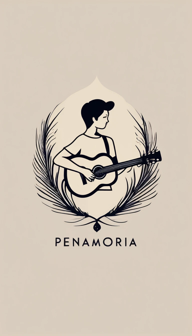 A minimal, modern, simple, cinematic logotype for the brand “Penamemoria". The logotype must be a simple, magical feather and a boy playing acoustic guitar. The logo must convey a sense of music, stories and dreams. Logo design impressed on a book cover. Minimalistic logo
