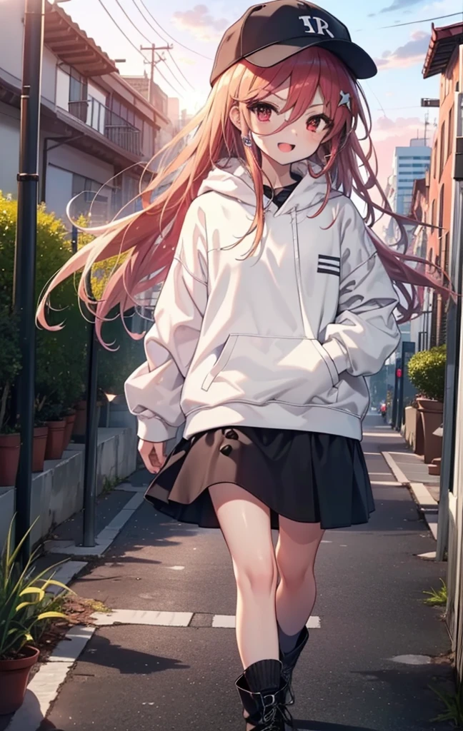Shana,灼眼のShana,Long Hair, Redhead, Red eyes,happy smile, smile, Open your mouth,Baseball cap,Oversized black hoodie,Black long skirt,short boots,evening,Sunset,The sun is setting,walking,whole bodyがイラストに入るように, break outdoors, construction area, break looking at viewer, whole body, break (masterpiece:1.2), Highest quality, High resolution, unity 8k wallpaper, (shape:0.8), (Beautiful attention to detail:1.6), Highly detailed face, Perfect lighting, Highly detailed CG, (Perfect hands, Perfect Anatomy),