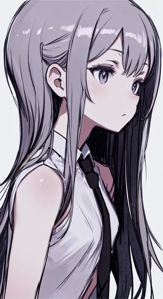 naked, blush, surprised expression, heart eyes, long hair, trembling body, white dress shirt, black microskirt , necktie, silver hair, purple eyes, NSFW