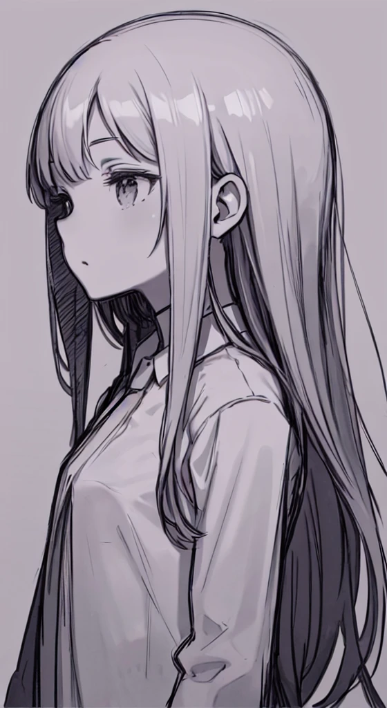 (Perfect body),Best Quality,16K、masterpiece, alone, White shirt, tie、Long Hair, Profile close-up, simple background, White Background, Monochrome, Line art, ((sketch))
