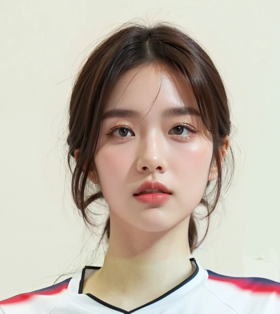 (In reality, high resolution:1.3, masterpiece, 8K, best quality, studio shoot, photo realistic:1.4, photography), korean girl looking at camera,((Dark Brown Hair)), Detailed skin, Detailed Lips, Detailed eyes, normal hand, simple background