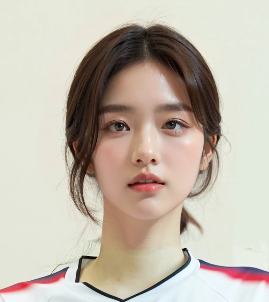 （In reality， high resolution：1.3, masterpiece, 8K, best quality, studio shoot, photo realistic:1.4, photography), korean girl looking at camera,((Dark Brown Hair)), Detailed skin, Detailed Lips, Detailed  eyes, normal hand, simple background 