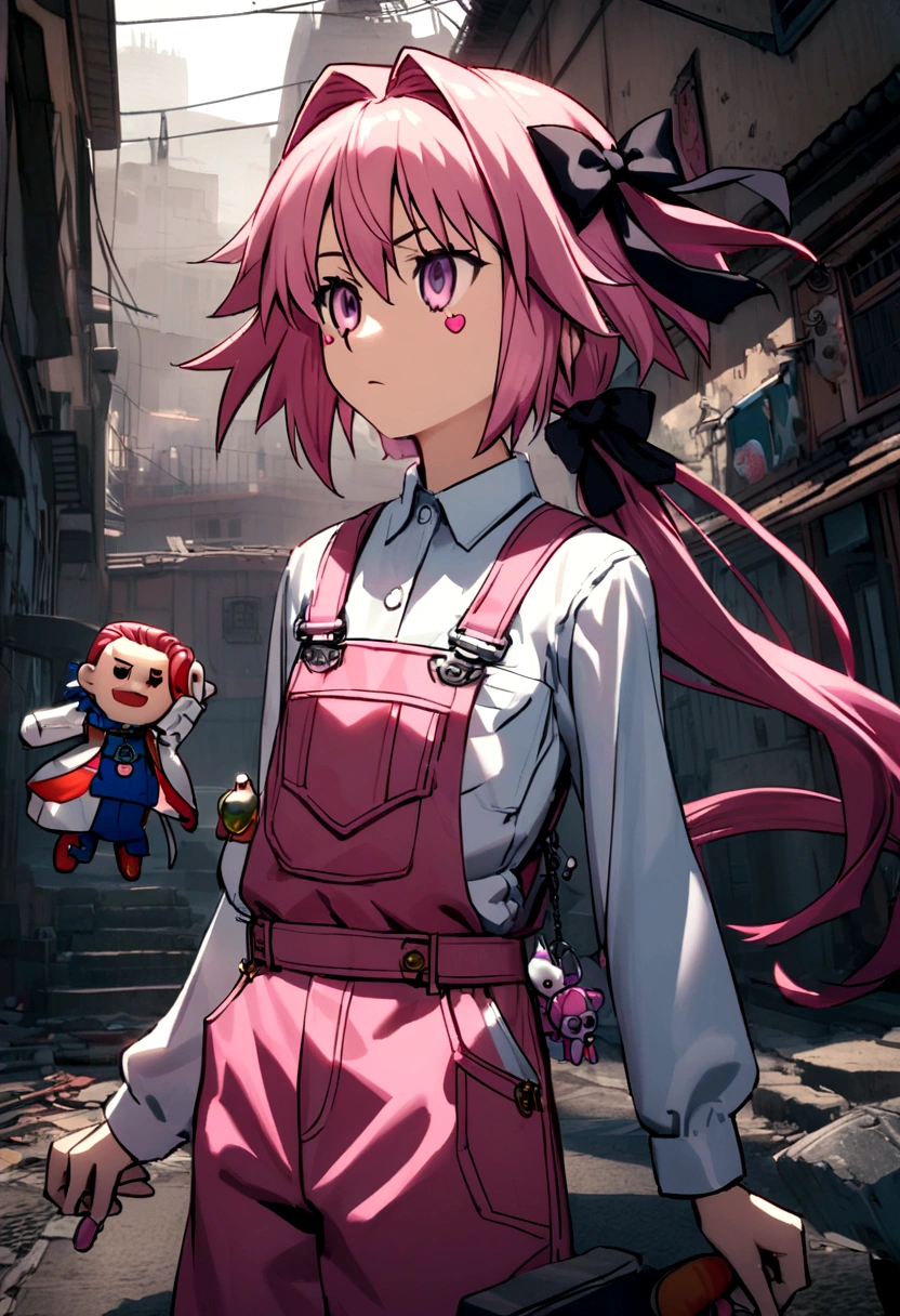 (((Fate Grand Order))) Astolfo has a slender build with striking pink hair that he often keeps tied back in a ponytail. He wears a standard-issue engineer uniform modified with a few personal touches, such as colorful patches and pins. His eyes are a captivating shade of purple, and his overall appearance exudes an air of both professionalism and playful mischief. Astolfo carries a customized toolkit adorned with stickers and a keychain shaped like a tiny animatronic head.