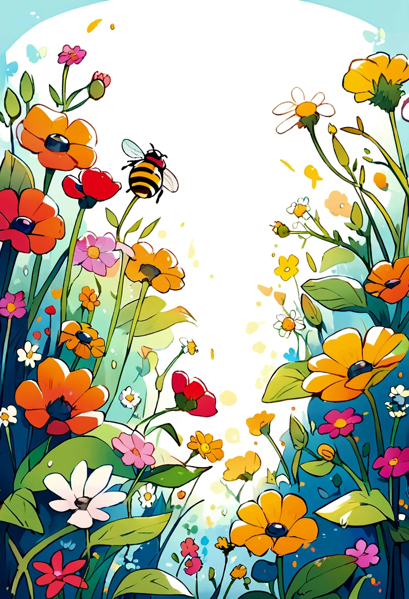 Cartoon illustration of bee and ladybug pollinating flowers)