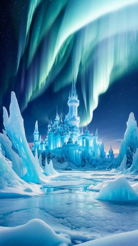 Create a stunning and otherworldly background of an ice kingdom. The landscape is covered in sparkling, pristine snow and ice, with towering ice castles and crystalline structures that shimmer in the light. The sky above is a deep, ethereal blue, with the northern lights dancing across it in vibrant greens and purples. Frozen lakes and rivers add to the icy beauty of the scene. The overall atmosphere is magical and breathtaking, perfect for a winter fantasy setting.
