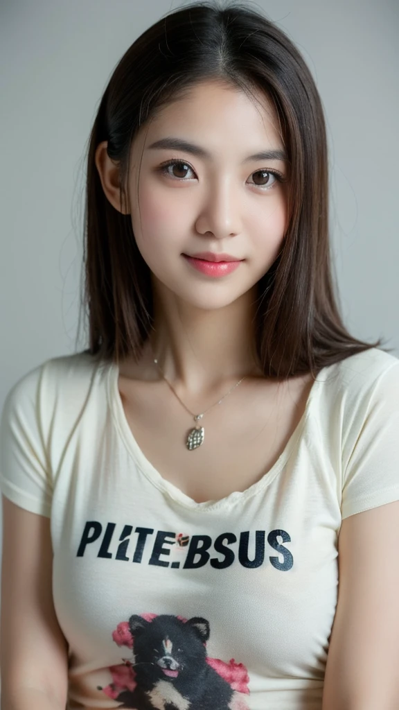 (Please generate an image of a young Filipina woman wearing a t shirt and a necklace. She has brown hair, big, black eyes, and a subtle, natural makeup look. The selfie should show her without visible makeup, and she should be looking directly into the camera. The face should appear realistically natural. The full-body shot of this attractive woman should feature a striking pose, and she has piercing black eyes. The girl has a sweet demeanor, and the pose should also be sweet. Please ensure that the entire body of the woman is visible in the image. The background should be clear and uncluttered. The details of the image should be of high quality(best quality)), ((masterpiece)), (detailed), perfect face, Filipina, pinay