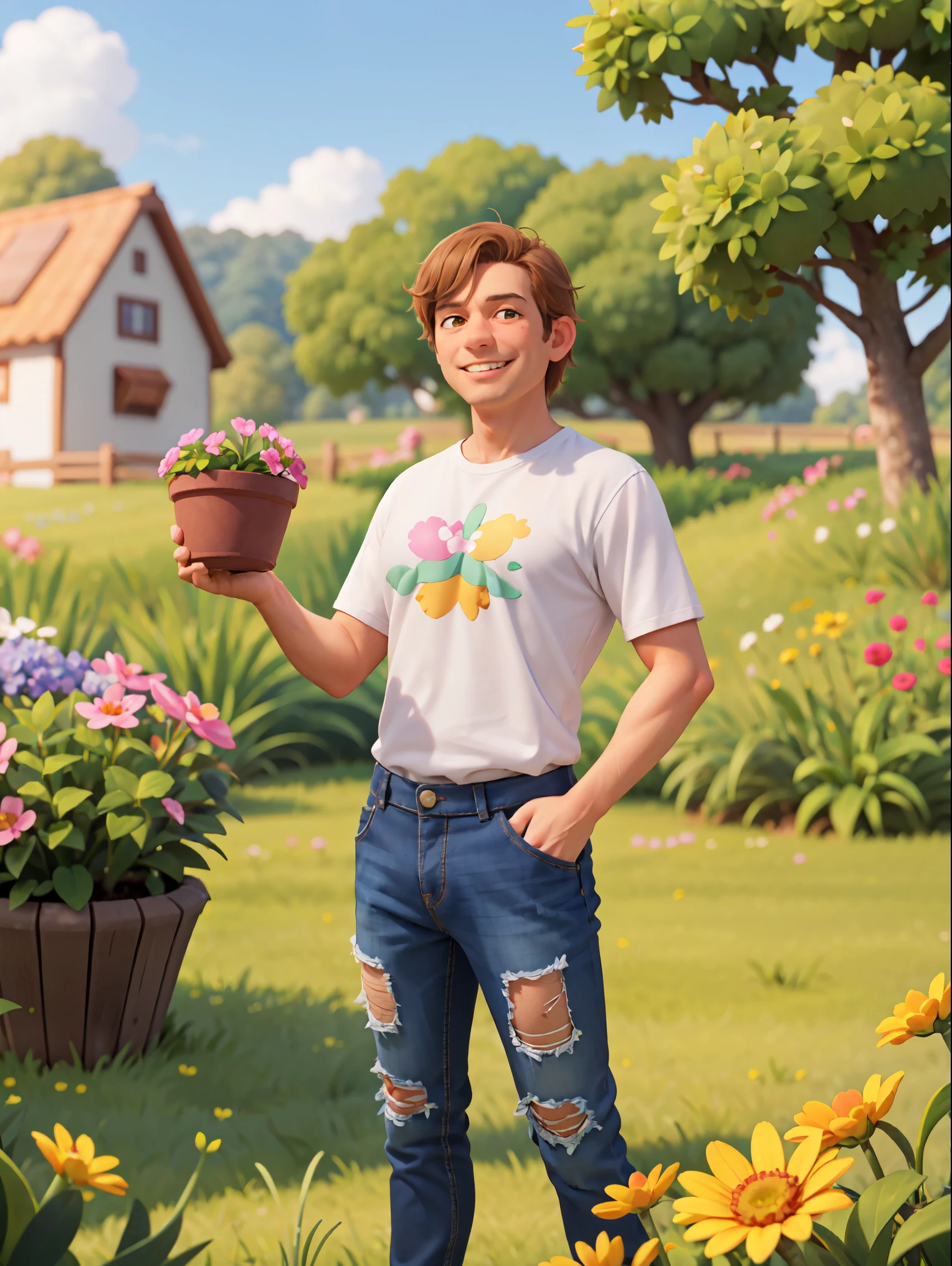 A middle-aged man,Normal proportion,Face the lens,Holding a flower pot in hand, Brown short hair,White shirt,Ripped jeans,Standing on a meadow full of flowers,Sunshine on the face,Happy smile, bright,Bright green,Medium shot,Studio Gippley style,Miyazaki style,2.5D,Game texture,lifelike