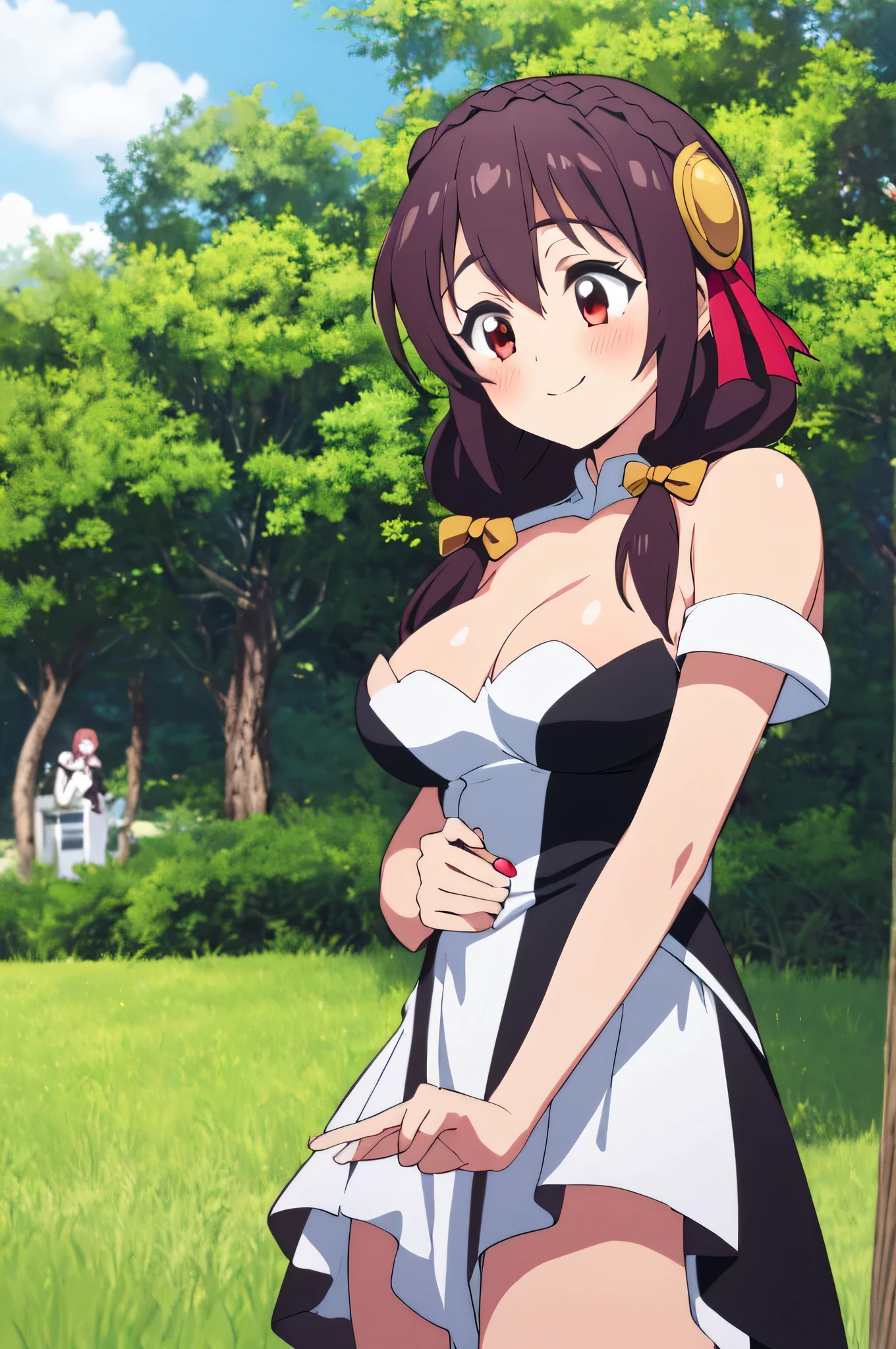 (masterpiece, Highest quality), One girl,    Yunyun,Long Hair,Braiding,Twin tails,Hair between the eyes,Red hair ribbon,hair ornaments,large round breasts,、Black Hair、Red Eyes、(Happy face:1.2)、grassland、Crown Blade,(White dress:1.5)、(blush:1.2)、cowboy shot