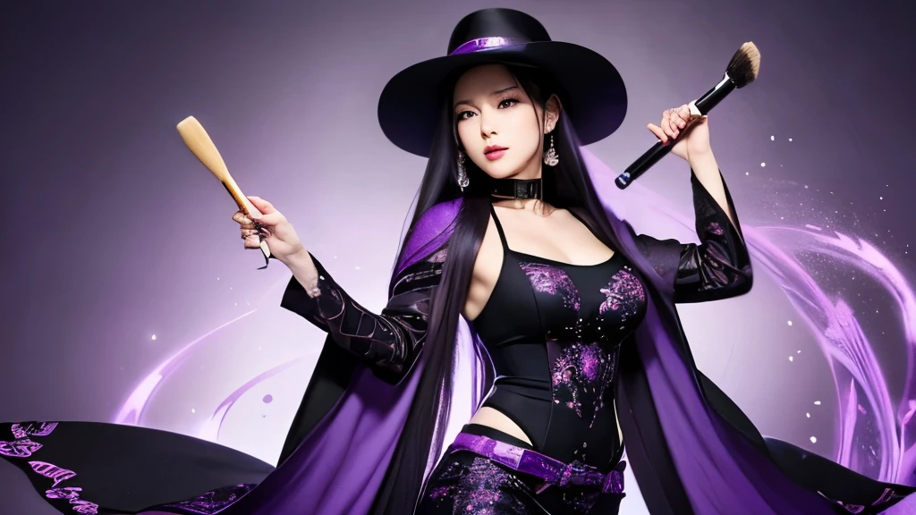 Murasaki Shikibu,poet,Beautiful Full Body,She is wearing a tight fitting purple dress with black patterns.,Arms with collars and sleeves,wearing a black vest,wears a long-brimmed hat,Luxurious and gorgeous,Holding a brush
