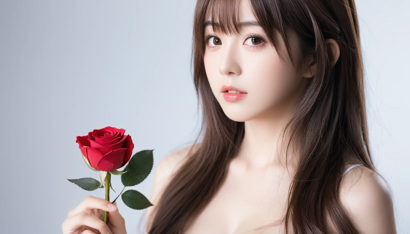 best quality, masterpiece,
 japanese idol girl, looking at viewer, long hair, Headshots, hold a rose with one hand, enlargement, very beautiful detailed face, medium chest, (Cute face, looks tempting), eye level,
professional photos, high contrast exposure, soft bokeh, high key light, solid shadow, Photo realism