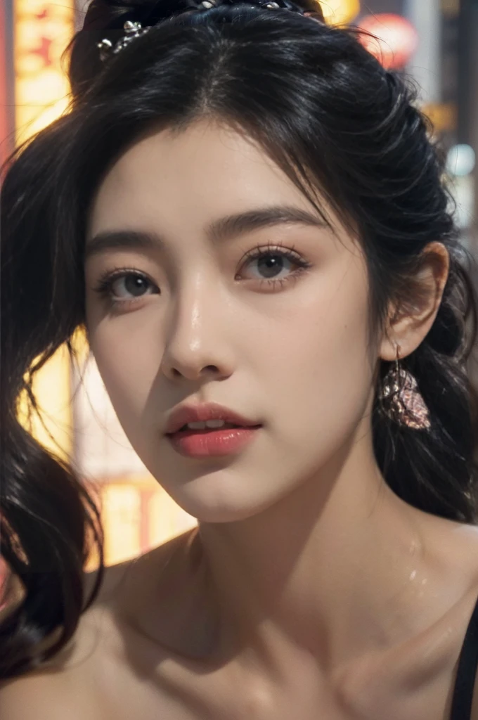 (((best quality))),(((ultra detailed))),(((masterpiece))),illustration,1girl,slim,strapless vibrant rose-pink bra,short ponytail,flat chest,bustling city streets, honking cars,surrounded by crowded crowds, colorful advertisements,enjoying sights and sounds,(dark black skin:1.5),day scene,(close-up of face:1.3)