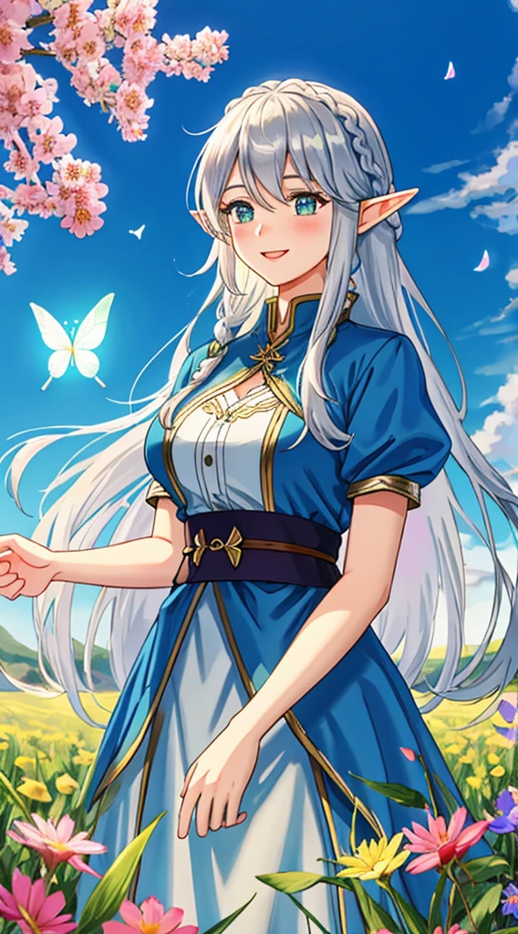 a happy tall busty elf woman, long elf ears, silver braided hair, standing in a field of colorful flowers, butterflies, pastel colors, upper body focus