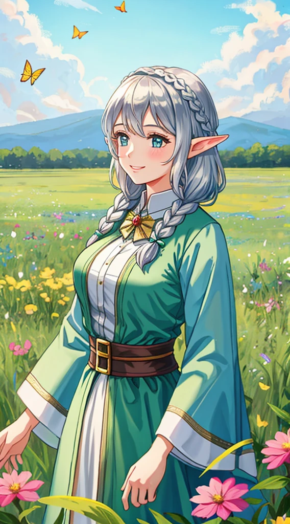 a happy tall busty elf woman, long elf ears, silver braided hair, standing in a field of colorful flowers, butterflies, pastel colors, upper body focus