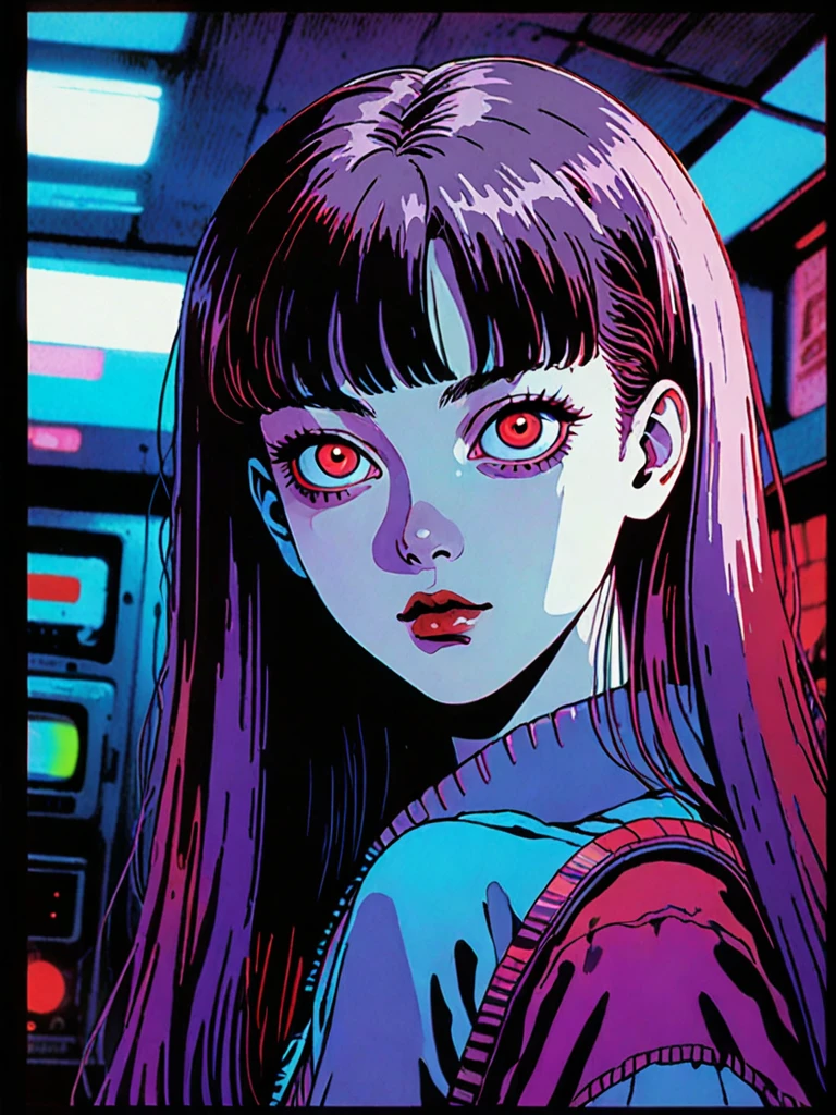 illust、art、from 80s horror movie, directed by Junji Ito、Cyborg Girl、Sci-fi horror、high detail, realsitic shadow、Analog style, vhs style, 8mm film, chromatic aberration, Dvd screengrab、Blue-purple and red-purple gradation