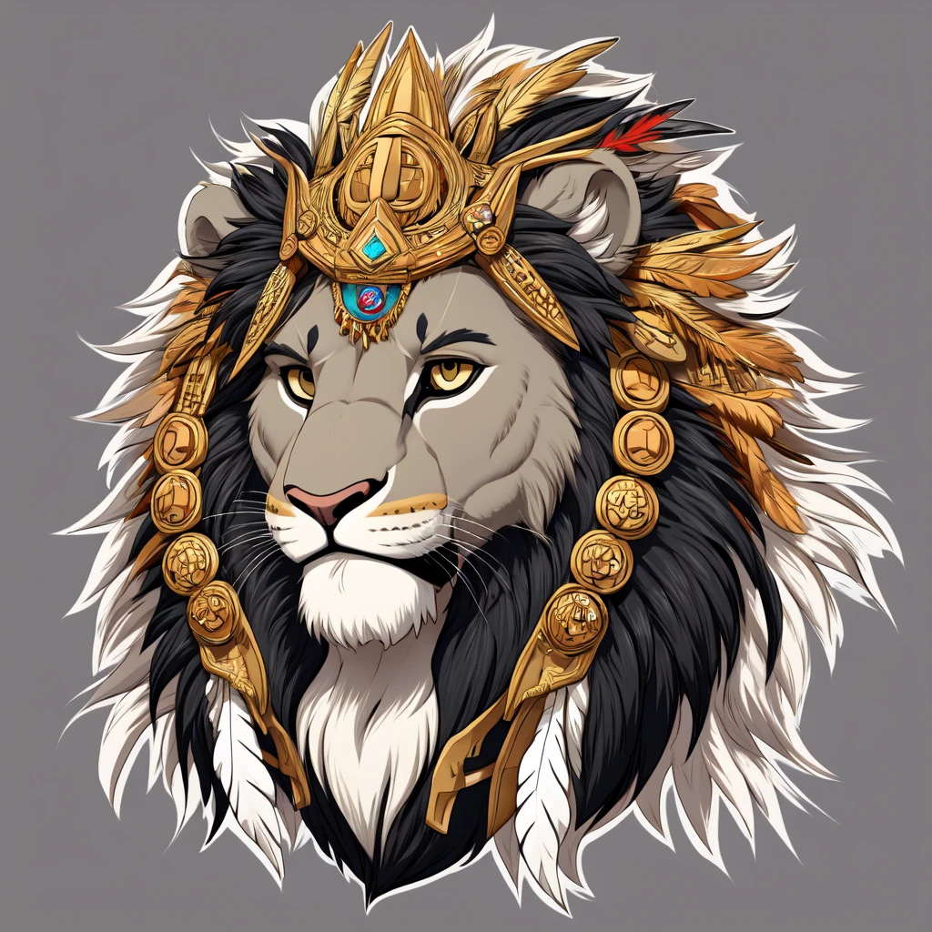 mictecacihuatl lion god of death black and grey vector style , highly detailed lion as face with feather headdress 