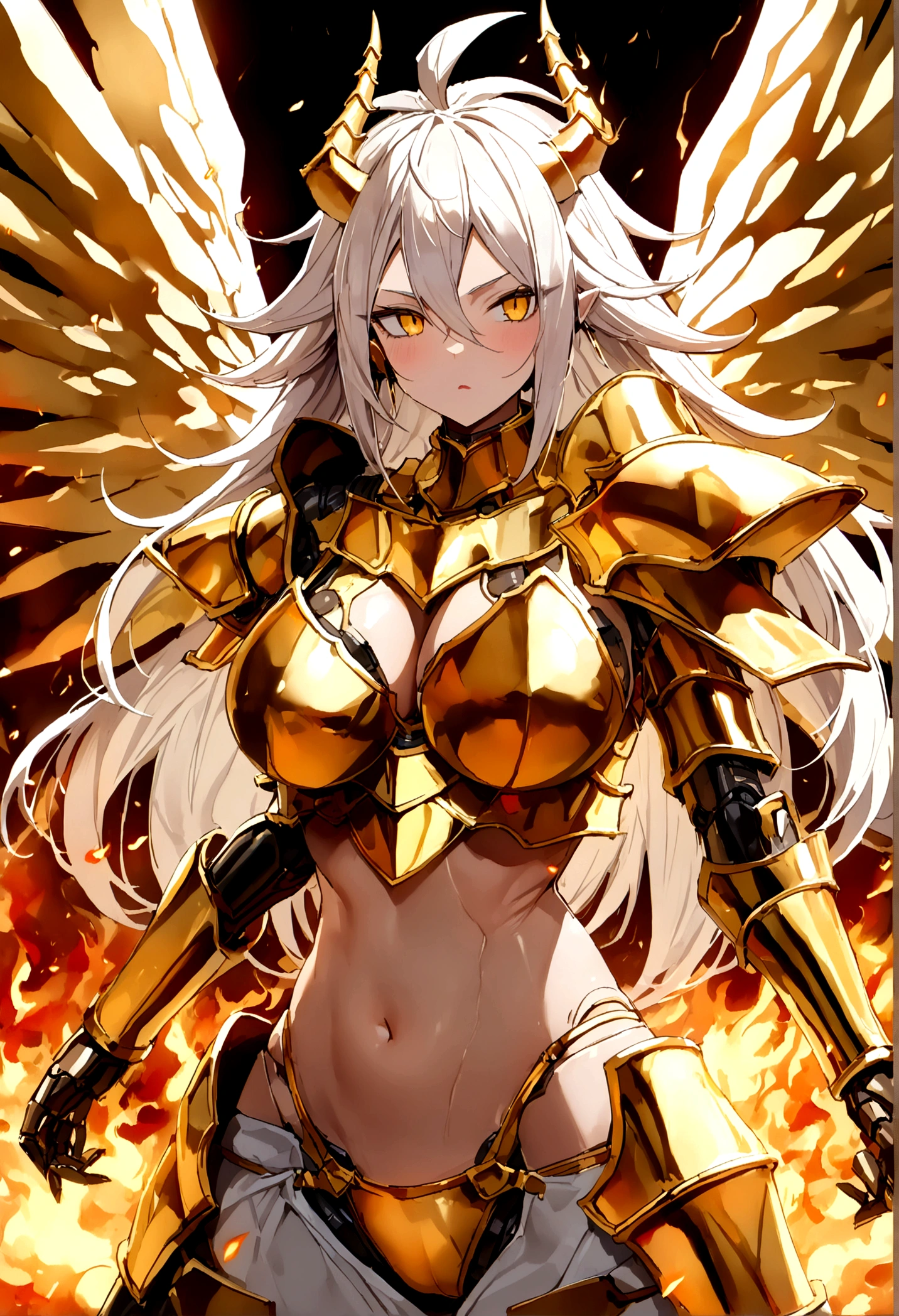 ((Lightning Power)), ((Electricity)), ((Fire Background)), ((Lightning Storm)), ((Power Erupting)), (((((android 21))))), ((((SUN Rasengan)))), (((Evil Power))), (((white Coat))), (((Busty))), (((((Big breast:1,3)))), luxury bustier corset, (((silver hair))), (((Very slim waist))), propotional body, ((Gorgeous)), (((Fire Blazing Horns))), ((((gold wings))), masterpiece, hyperdetail, ambient effect, digital effect, (((Fire Gold Bikini Armor))), (((Lightning Gold Wings)))